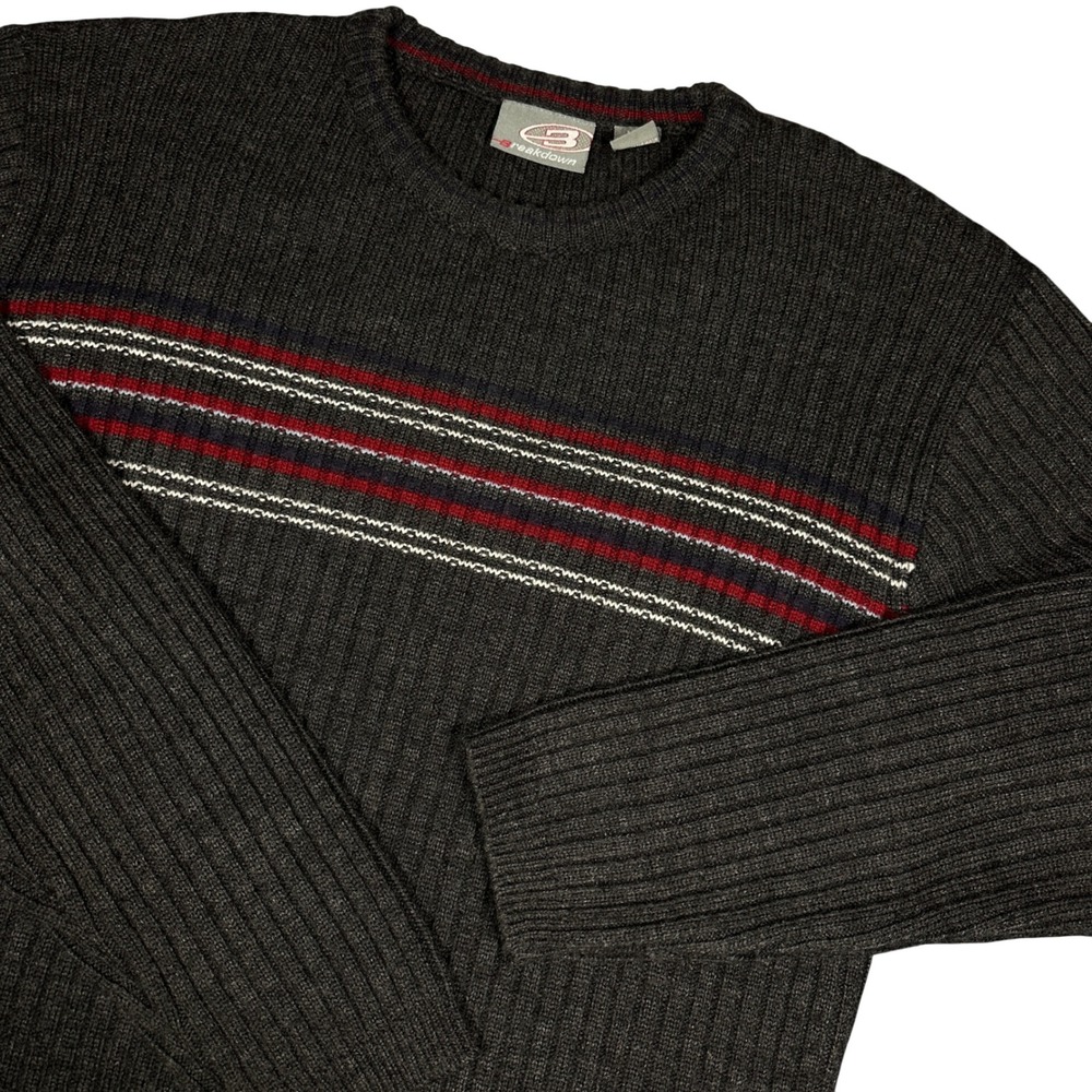 Y2K Breakdown Mens Medium Grey Ribbed Wool Blend Striped Crewneck Sweater Skater
